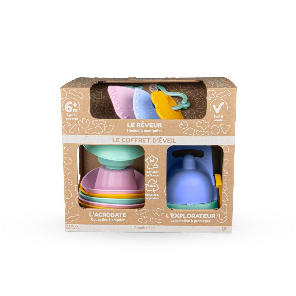 Coffret de jeux éveil vert et bleu de face