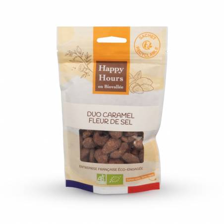 Duo d'amandes et de cajou à l'enrobage caramel et fleur de sel BIO de 115g d'Happy Hours de face