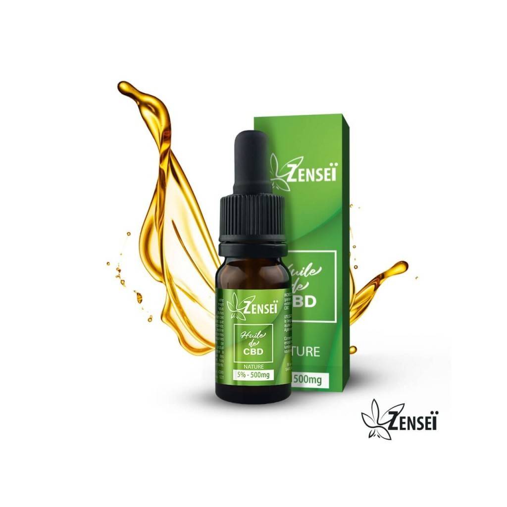 Flacon d'huile de CBD Zenseï saveur "Nature" 5% avec sa feuille de menthe et une représentation de l'huile en arrière plan.