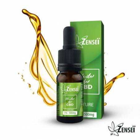 Flacon d'huile de CBD Zenseï saveur "Nature" 5% avec sa feuille de menthe et une représentation de l'huile en arrière plan.