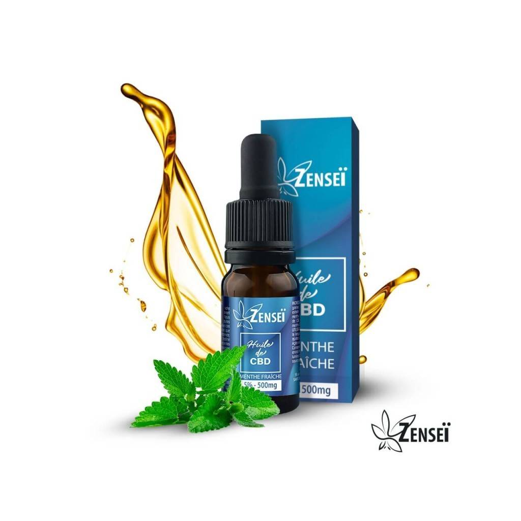 Flacon d'huile de CBD Zenseï "Menthe Fraiche" 5% avec sa feuille de menthe et une représentation de l'huile en arrière plan