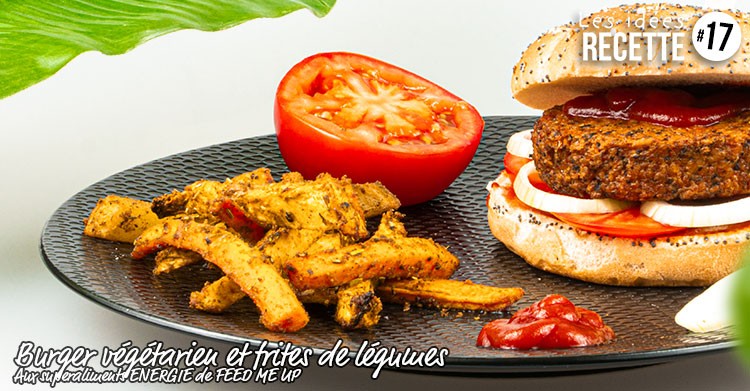 Recette n° 17 : Burger végétarien et frites de légumes aux superaliments. Essence Box
