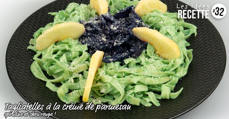 Recipe n°32: Tagliatelle with spirulina parmesan cream and red cabbage 